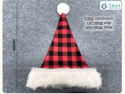 Nón Noel vải sọc Caro Đỏ Đen viền lông thú [Dày dặn - ĐK 32cm] NON-X-06